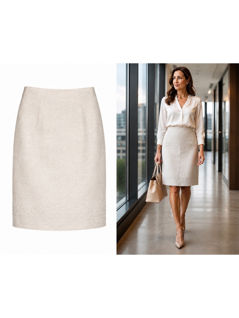 Ecru 100% Linen Embroidered Hem Pencil Skirt Size 10